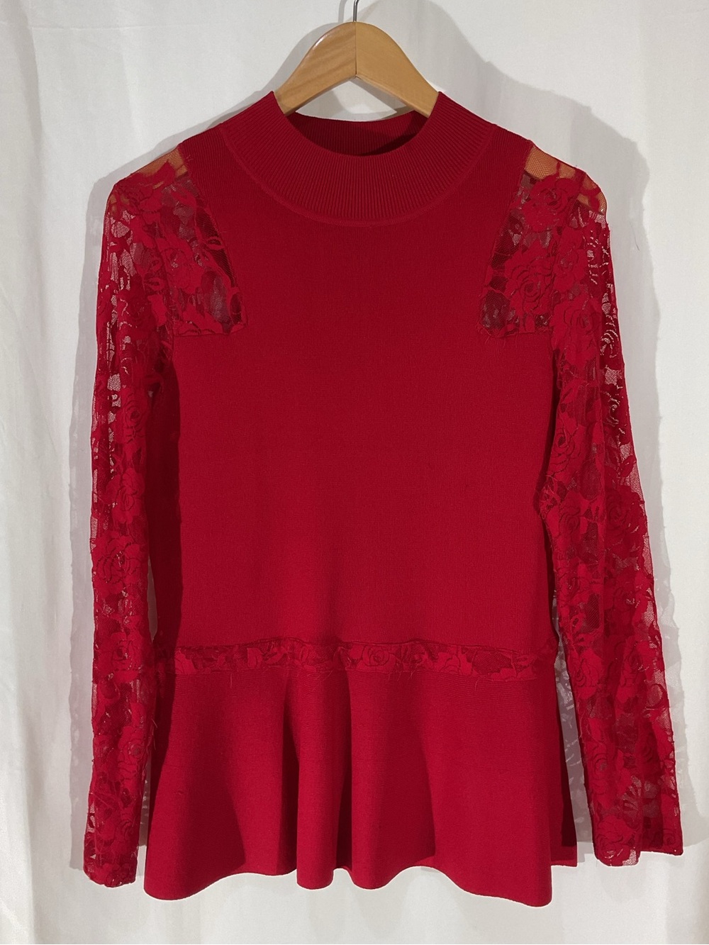 INC International Concepts Red Lace-Sleeve Peplum Tunic Top